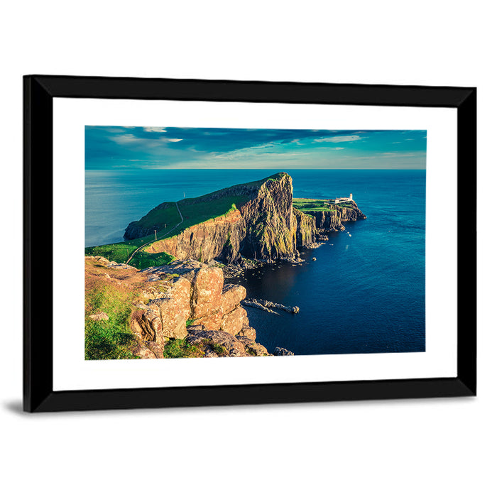 Neist Point Lighthouse Sunset Wall Art as a framed print