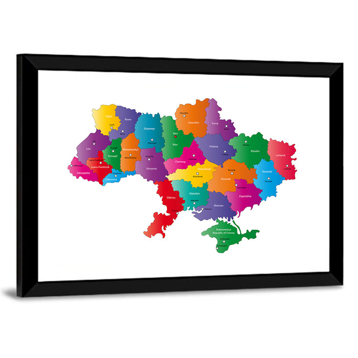 Colorful Ukraine Map Wall Art as a framed print