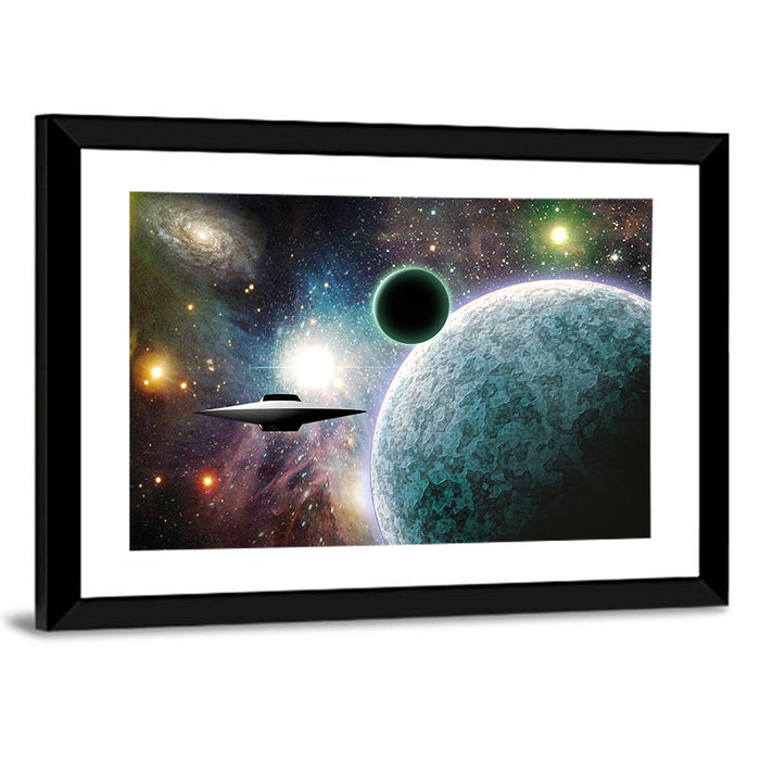 Saucer Near Cratered Planet Wall Art as a framed print