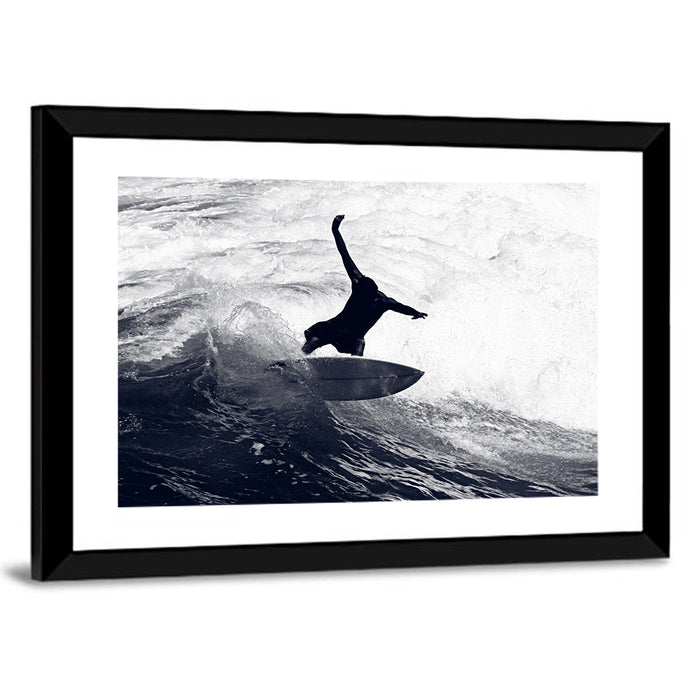 Dog Surfer Riding Waves Wall Art as a framed print