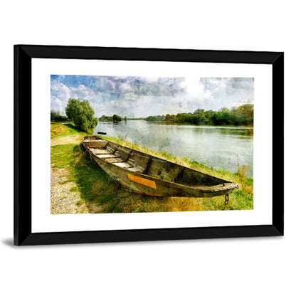 Weathered Wooden Boat on Riverbank Wall Art