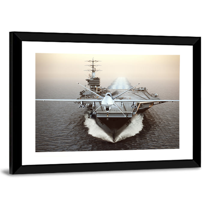 Drone Over Aircraft Carrier Wall Art as a framed print