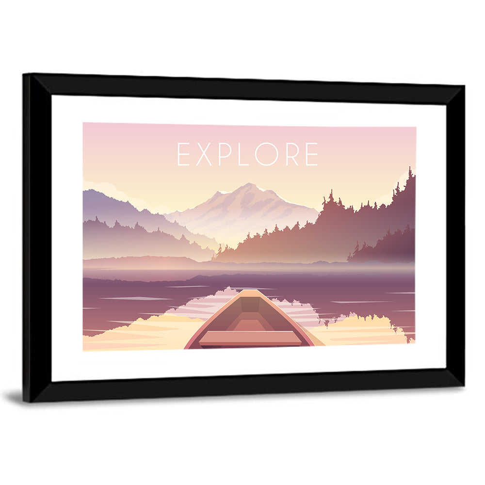 Explore Mountain Lake Sailing Illustration Wall Art