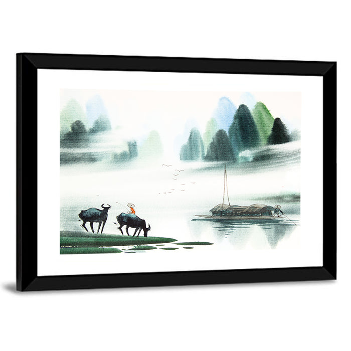 Water Buffalo in Misty Watercolor Wall Art as a framed print