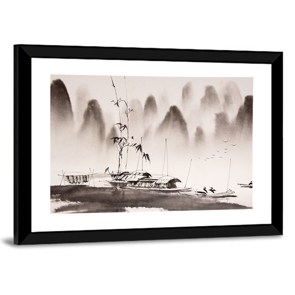 Misty Ink Wash Fishing Boats Wall Art