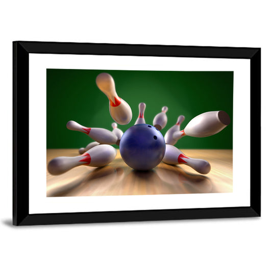Blue Bowling Ball Hitting Pins Wall Art