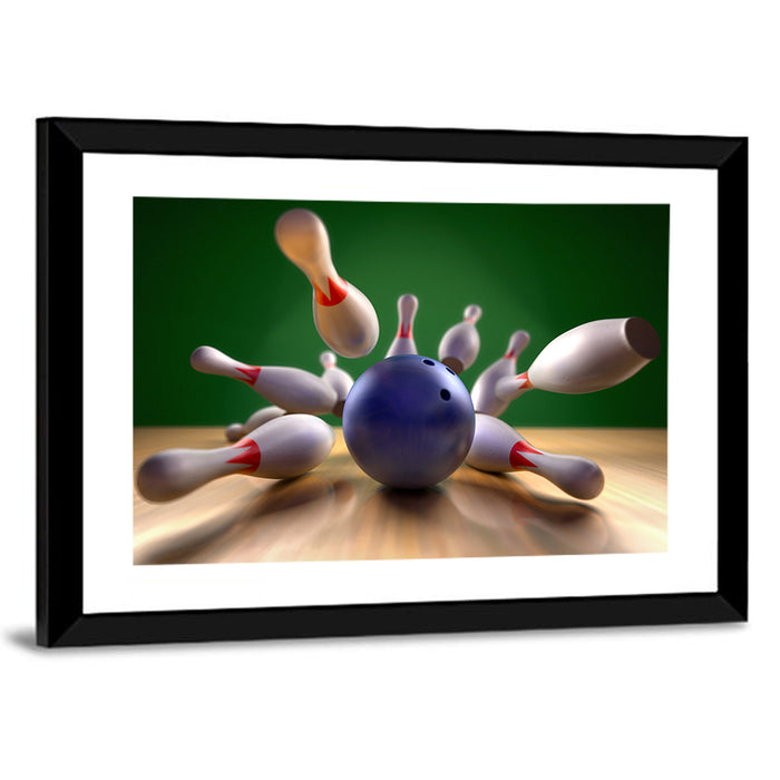 Blue Bowling Ball Hitting Pins Wall Art as a framed print