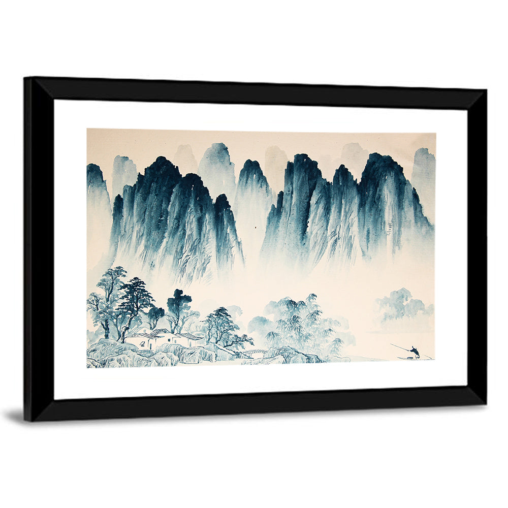 Misty Mountain with Fisherman Wall Art
