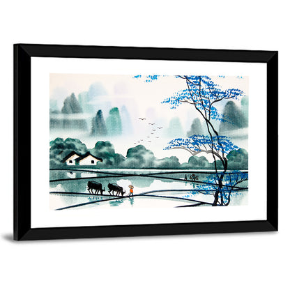 Blue Tree Over Rice Paddies Wall Art