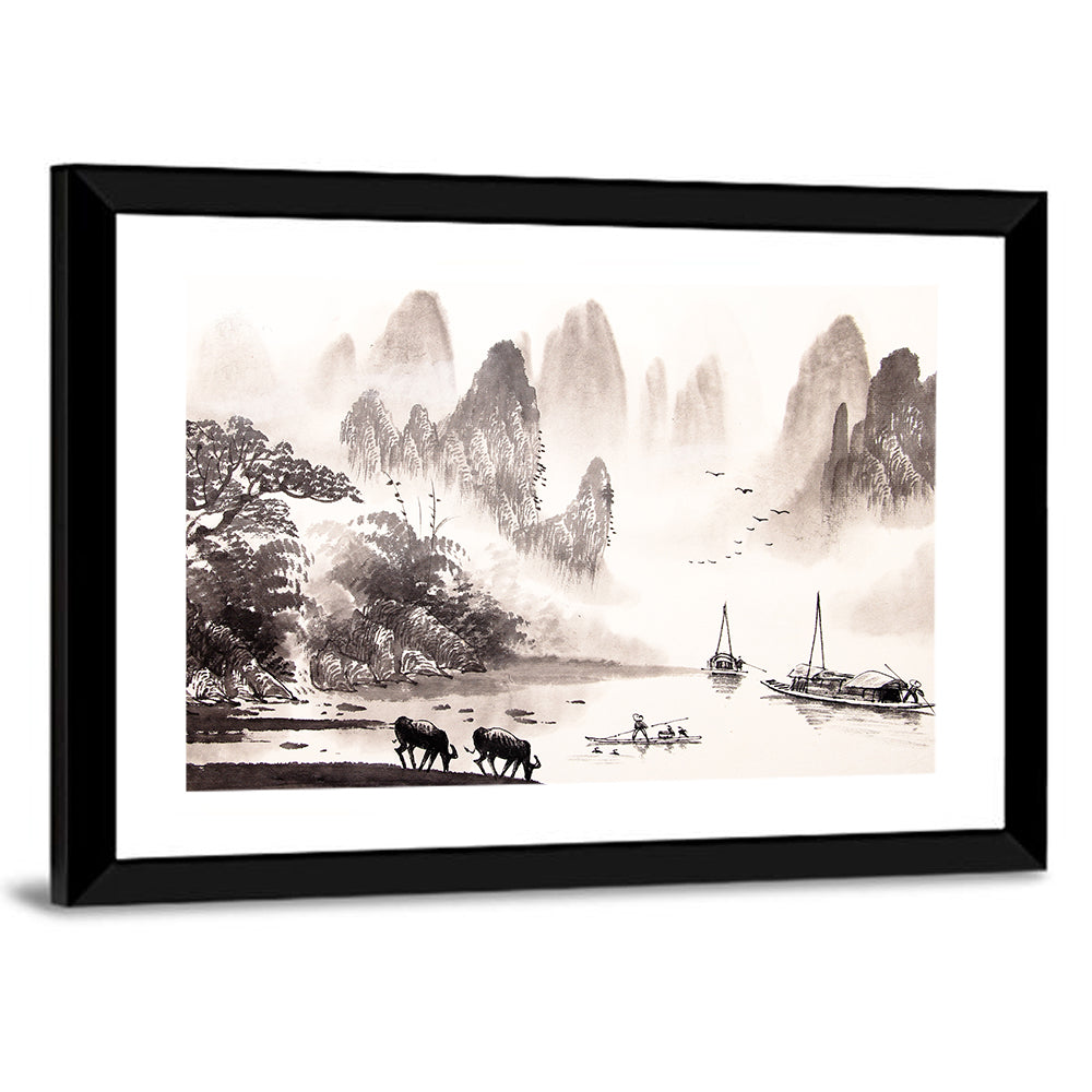Misty Mountain Ink Wash Landscape Wall Art