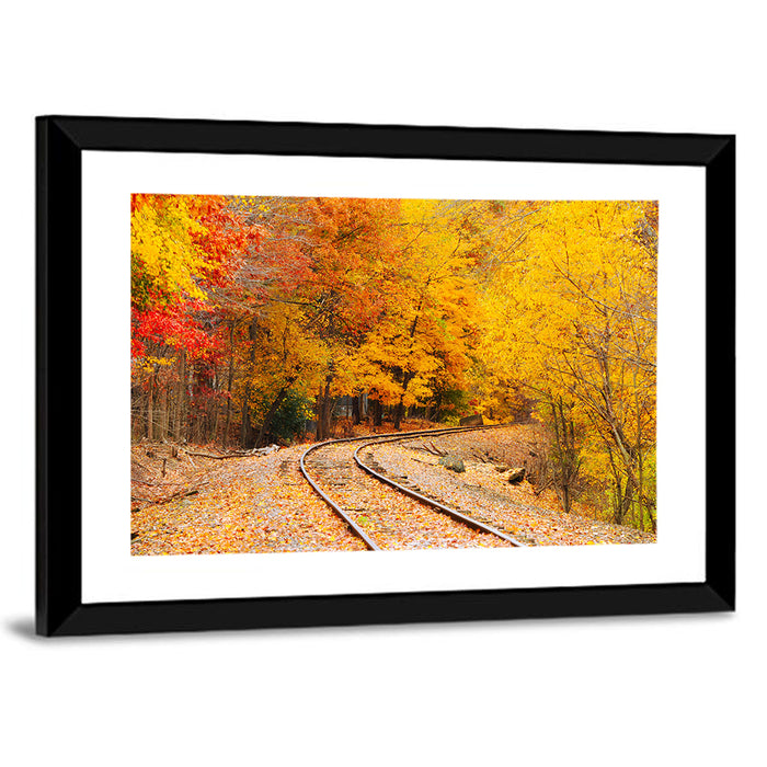 Curving Railroad Through Autumn Forest Wall Art as a framed print