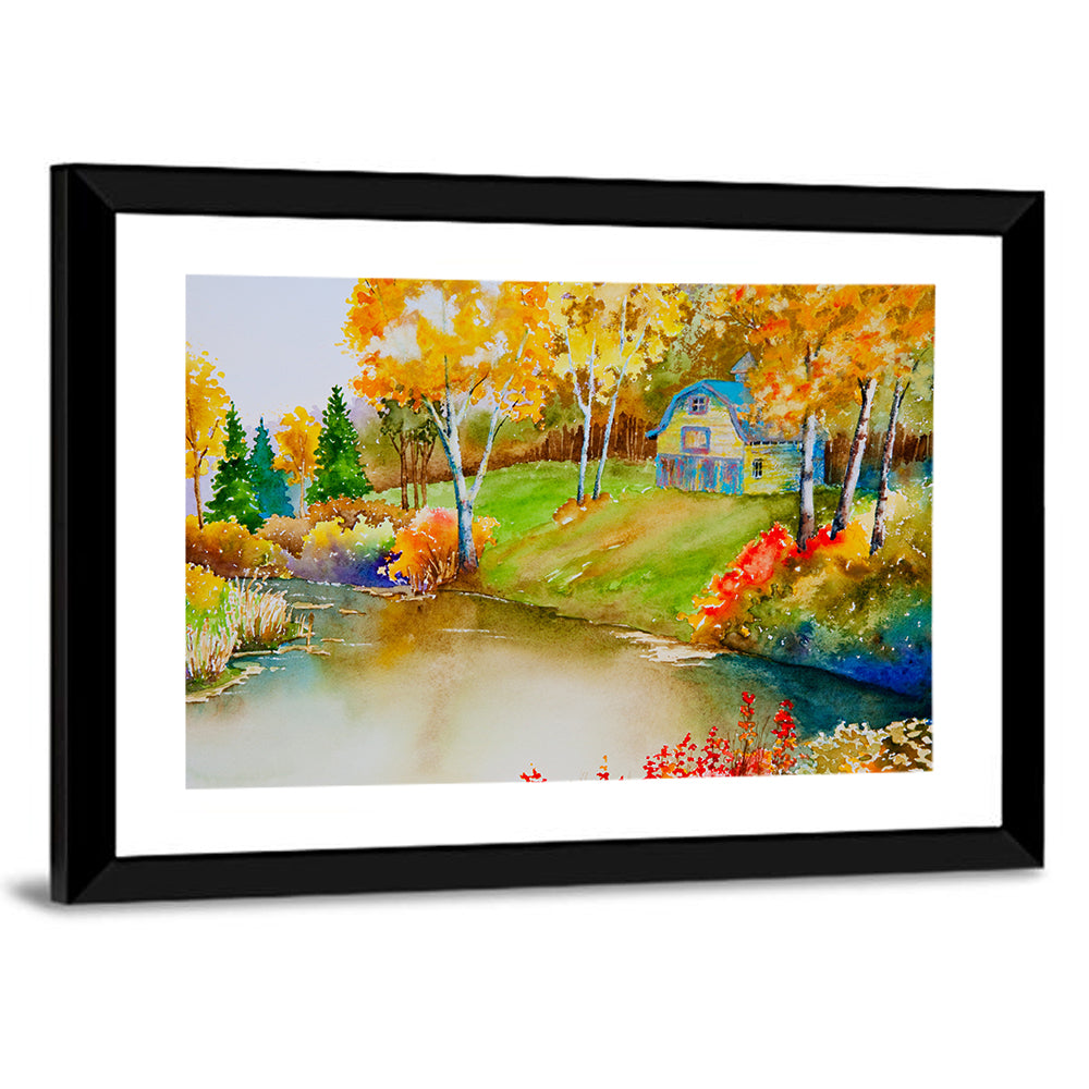 Golden Autumn Pond Landscape Wall Art