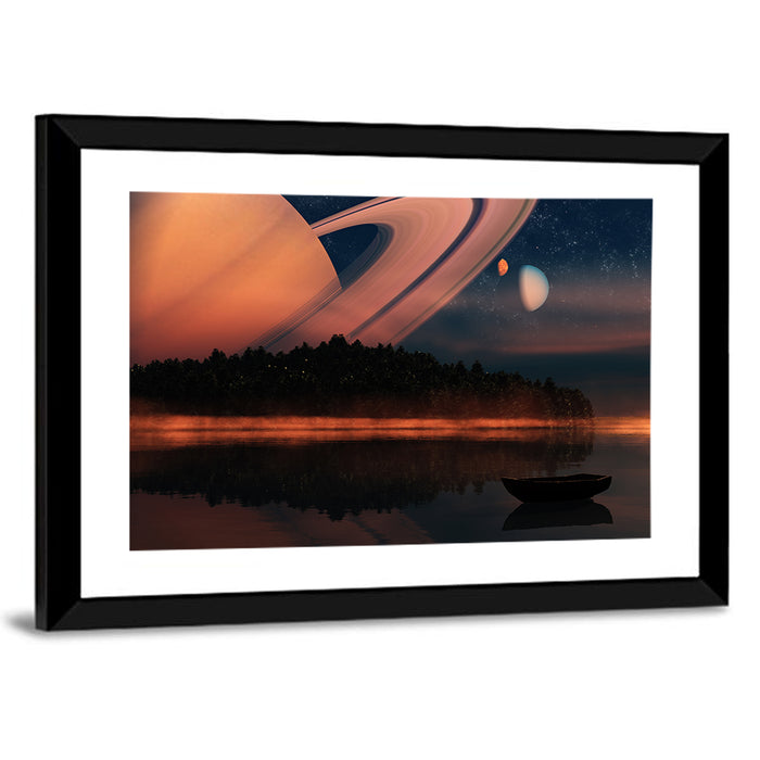 Ringed Planet Over Alien Lake Wall Art as a framed print