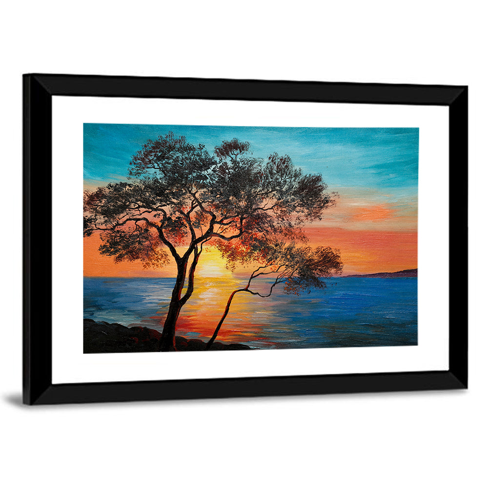 Lake Sunset with Twin Tree Silhouettes Wall Art