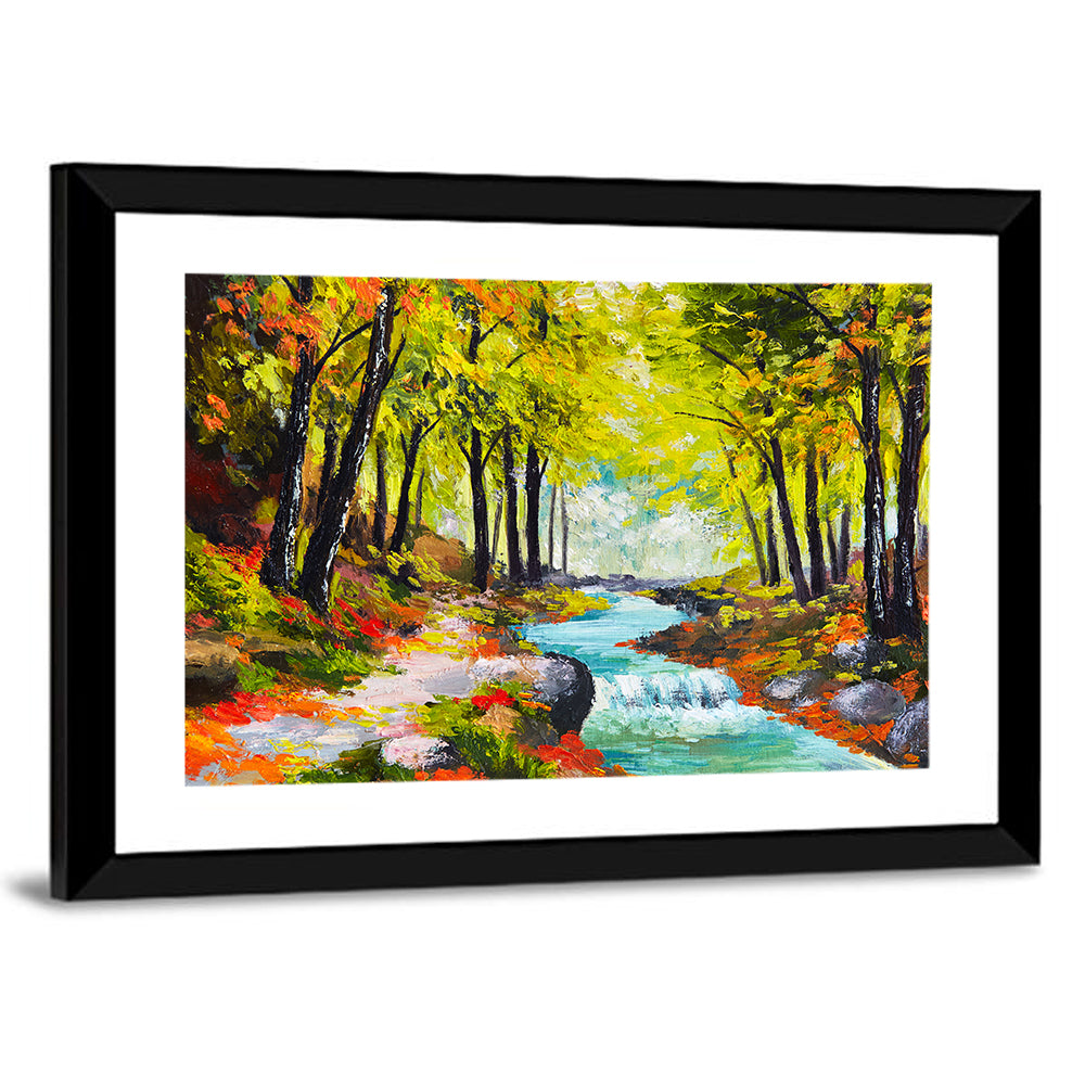 Winding Autumn Stream with Waterfall Wall Art