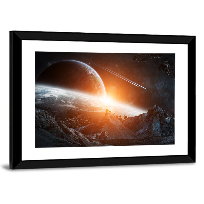 Gigantic Asteroids Over Ringed Planet Wall Art as a framed print