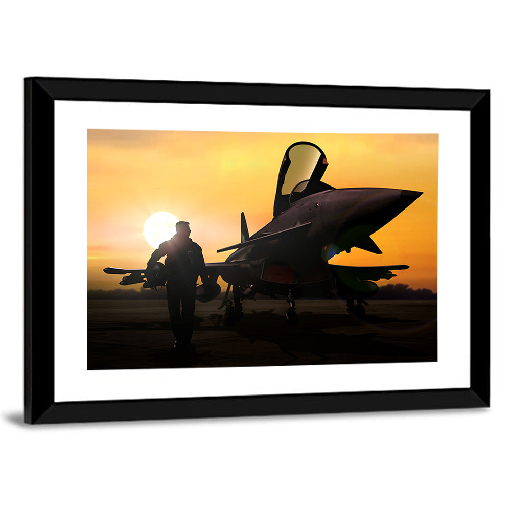 Pilot and Fighter Jet at Sunset Wall Art