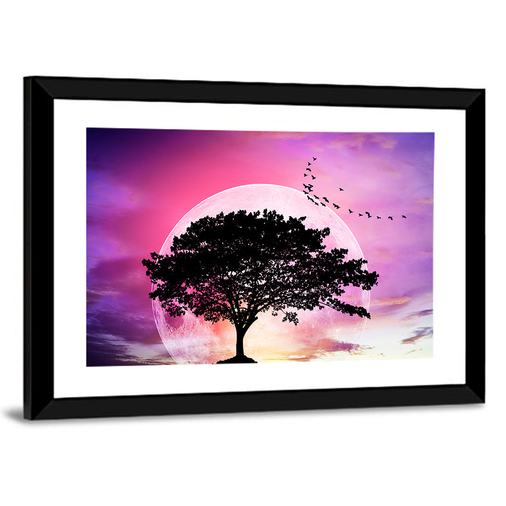 Tree Under Fantasy Sky With Moon Wall Art