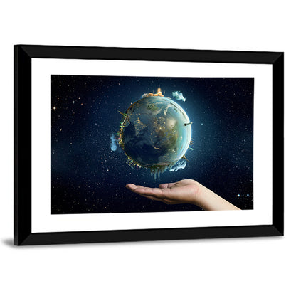 Earth Cradled in Palm with City Lights Wall Art