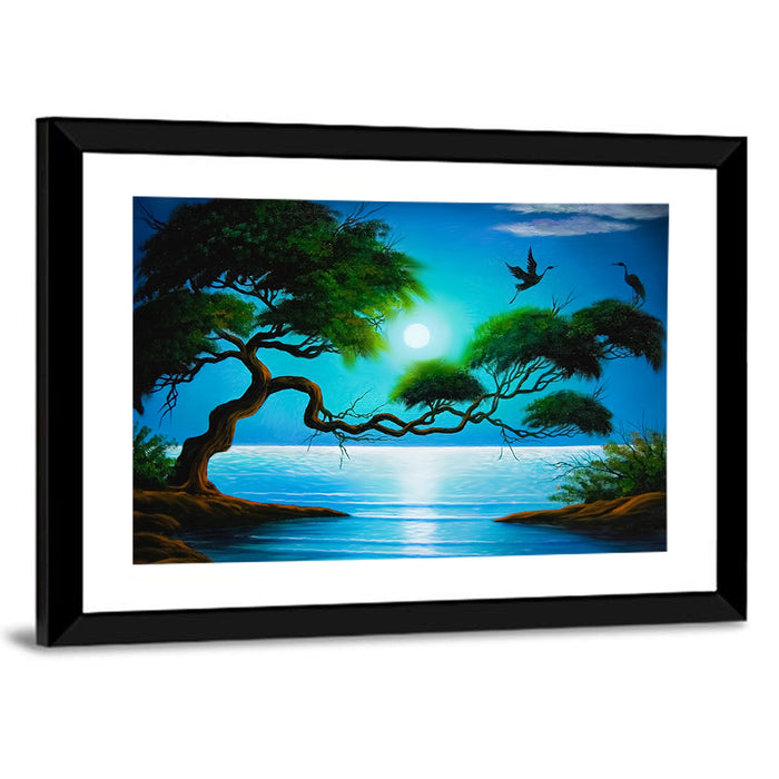 Moonlit Coastal Tree Wall Art as a framed print