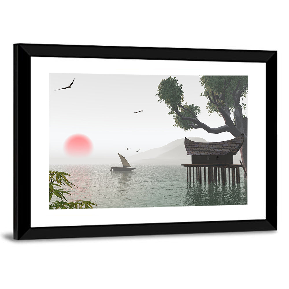 Red Sun Over Japanese Lake Wall Art