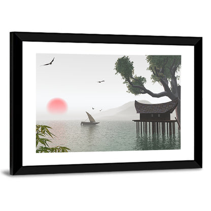 Red Sun Over Japanese Lake Wall Art