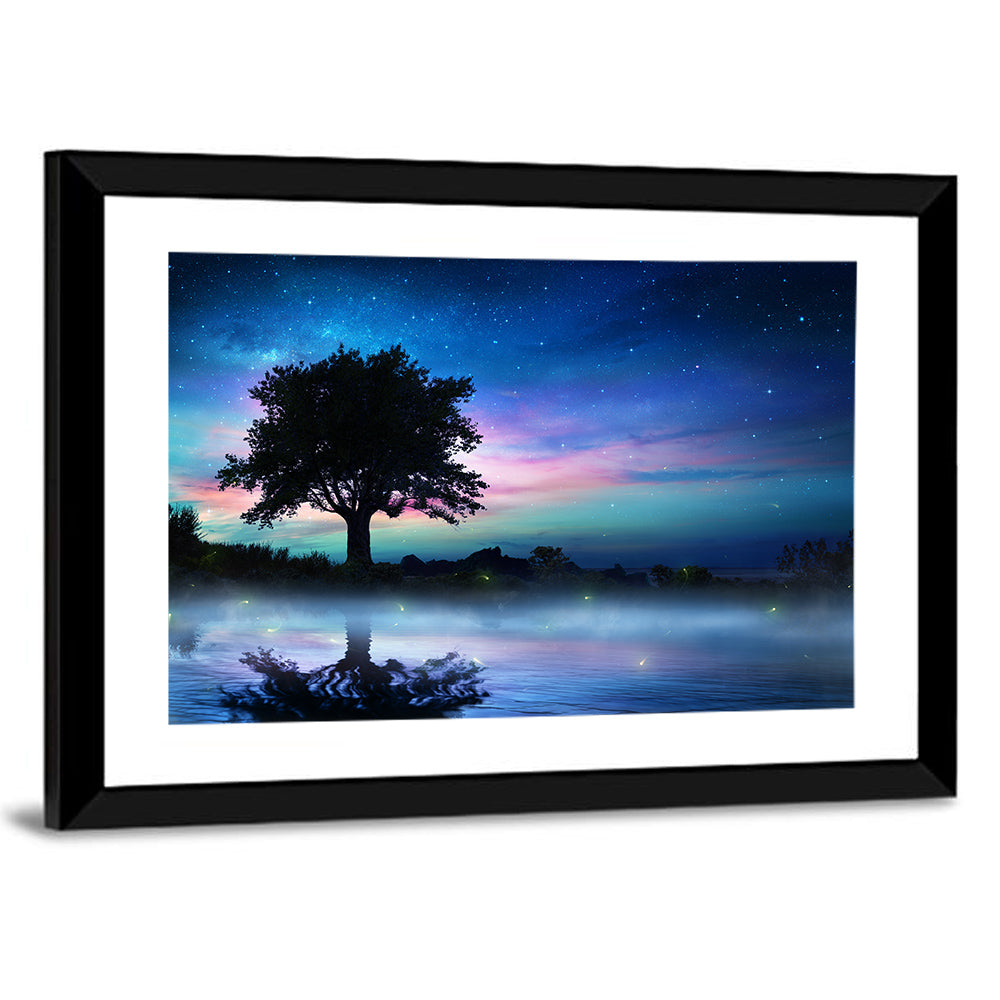 Starry Night With Lonely Tree Wall Art