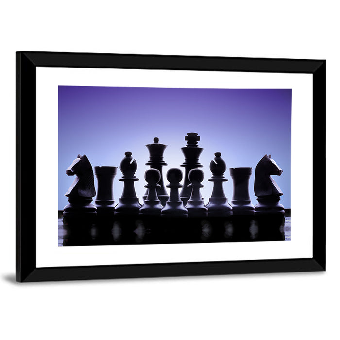 Blue Backlit Chess Pieces Wall Art as a framed print
