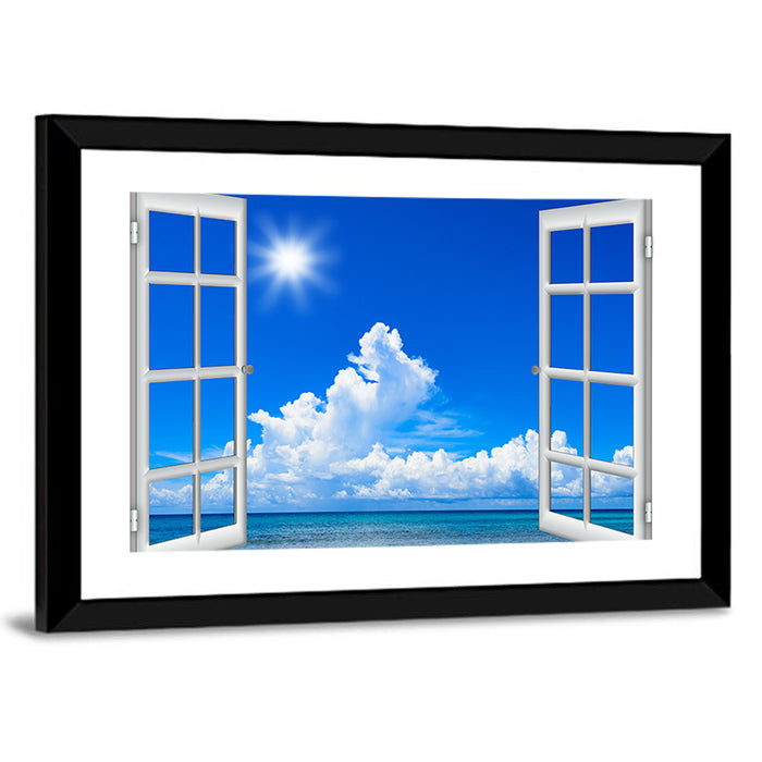 Seaside Window View Wall Art as a framed print