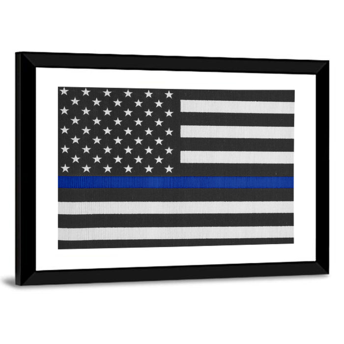 Monochrome American Flag with Blue Stripe Wall Art as a framed print