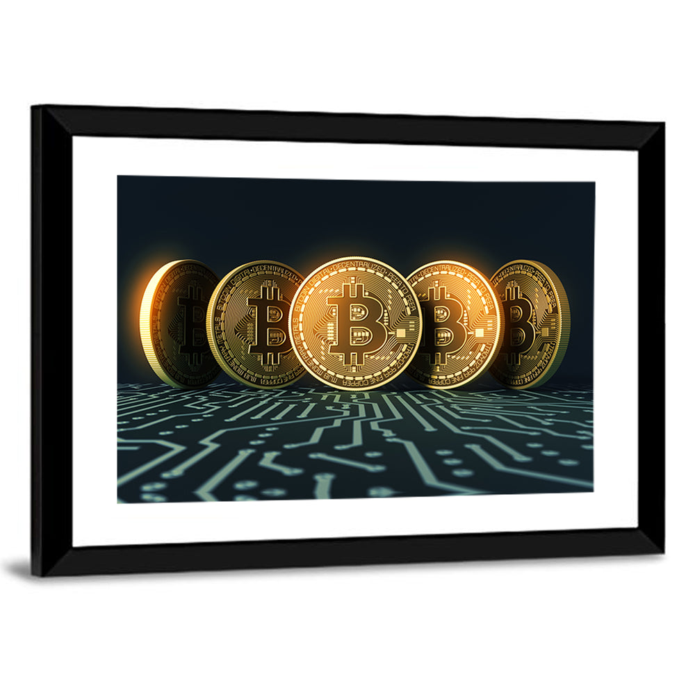 Five Golden Bitcoins on Circuit Board Wall Art