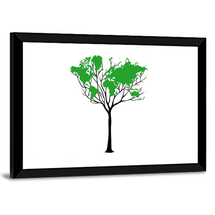 World Map Tree with Green Canopy Wall Art as a framed print