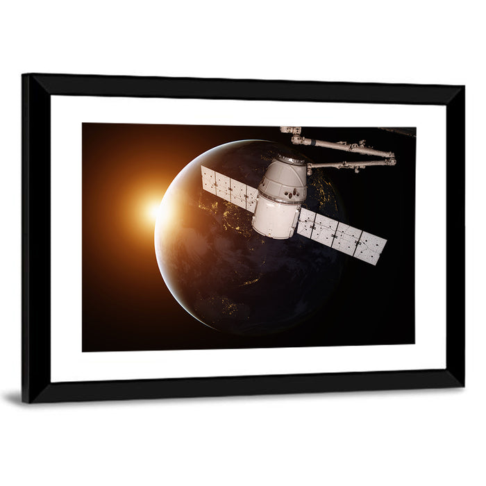 Satellite Over Earth at Sunrise Wall Art as a framed print