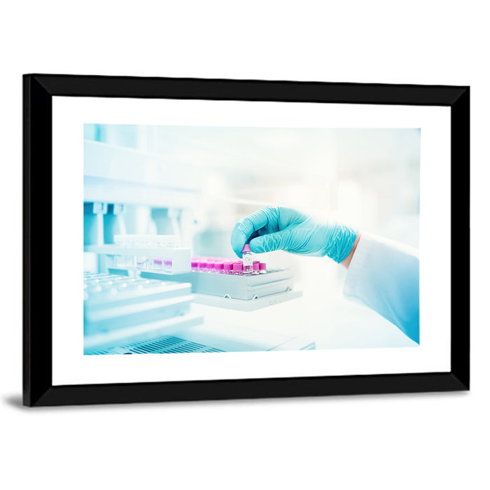 Gloved Hand Placing Vial in Laboratory Wall Art as a framed print