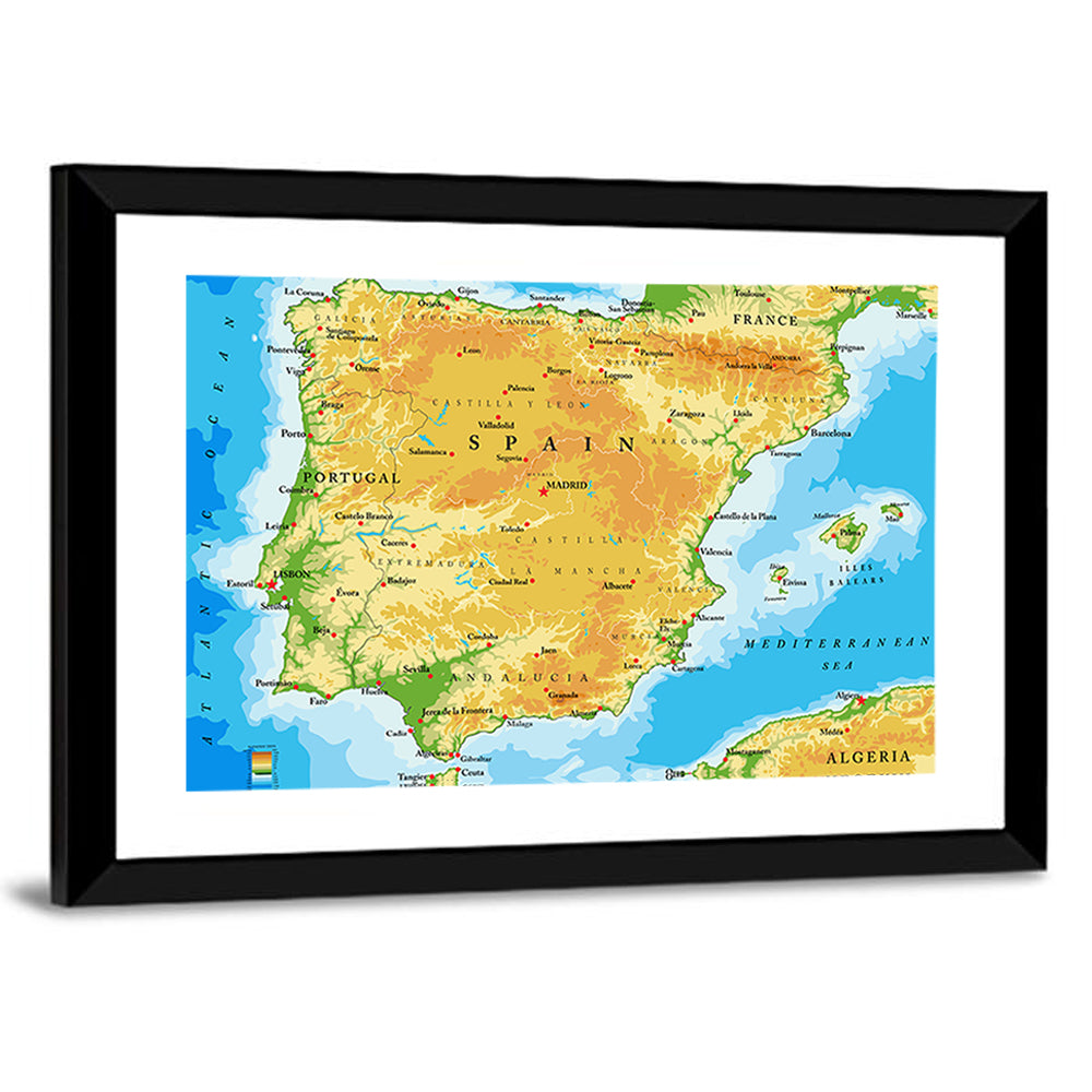 Iberian Peninsula Physical Map Wall Art