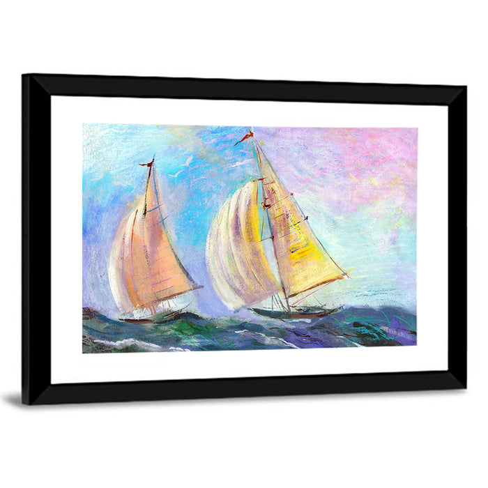 Two Sailboats in Colorful Seascape Wall Art as a framed print