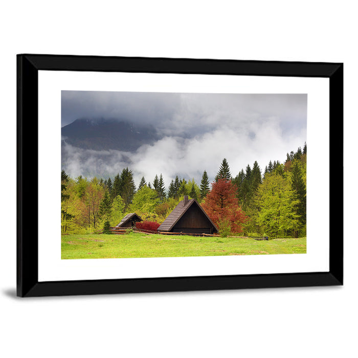Slovenian Alps Cabin in Fog Wall Art as a framed print