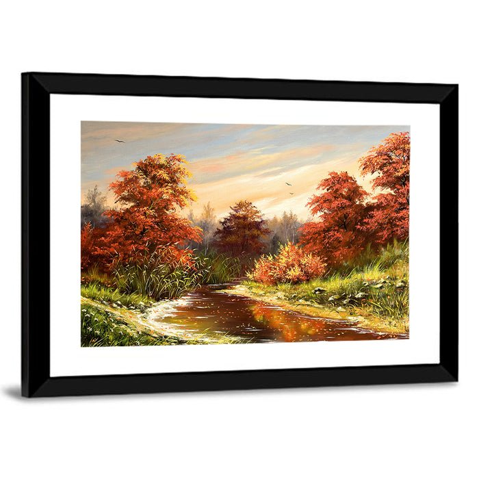 Winding Autumn River Wall Art as a framed print