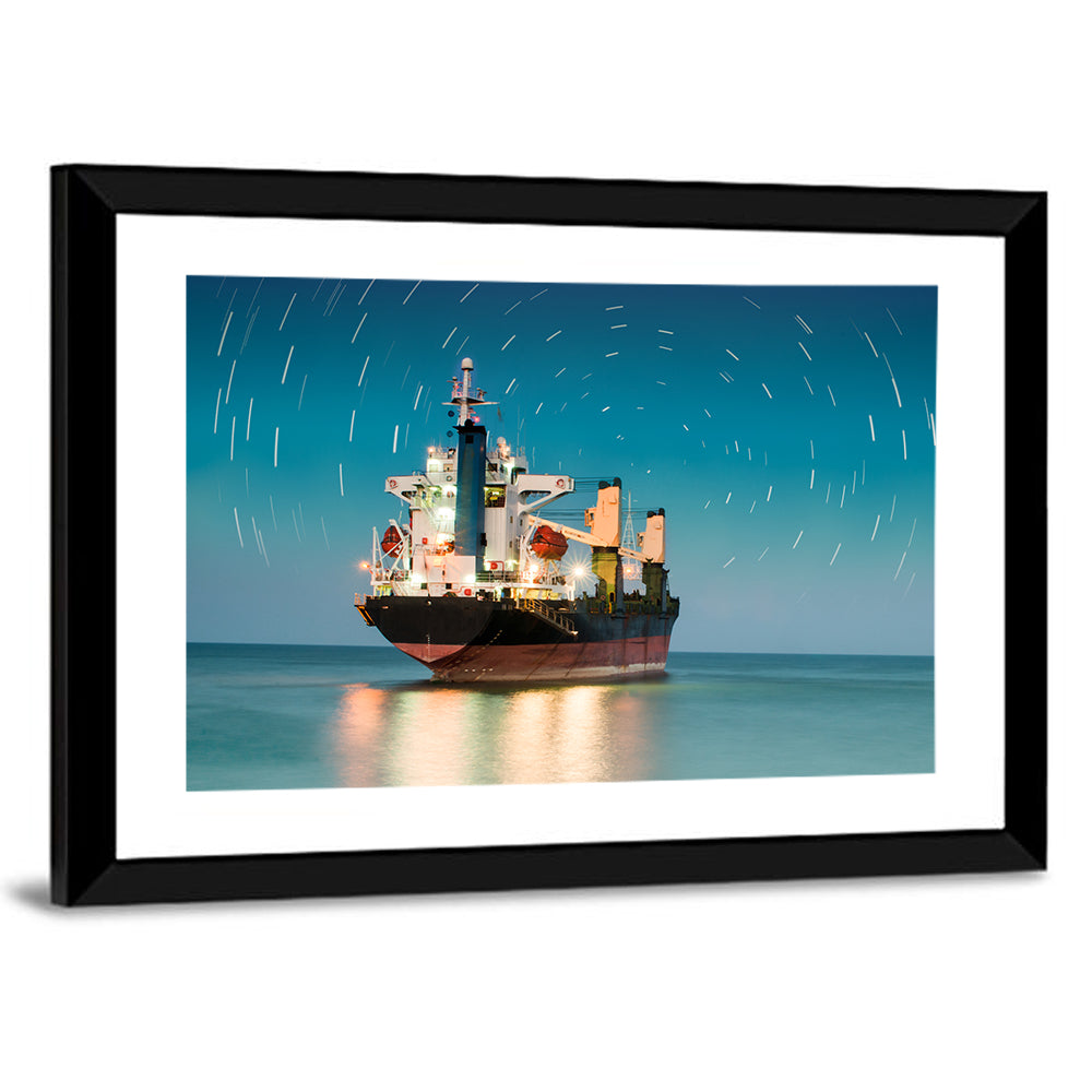 Cargo Ship Under Star Trail Sky Wall Art