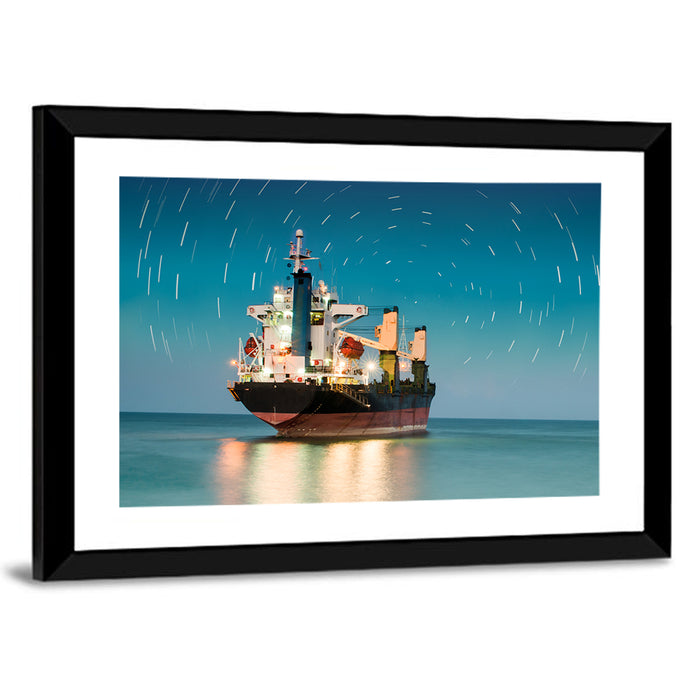 Cargo Ship Under Star Trail Sky Wall Art as a framed print