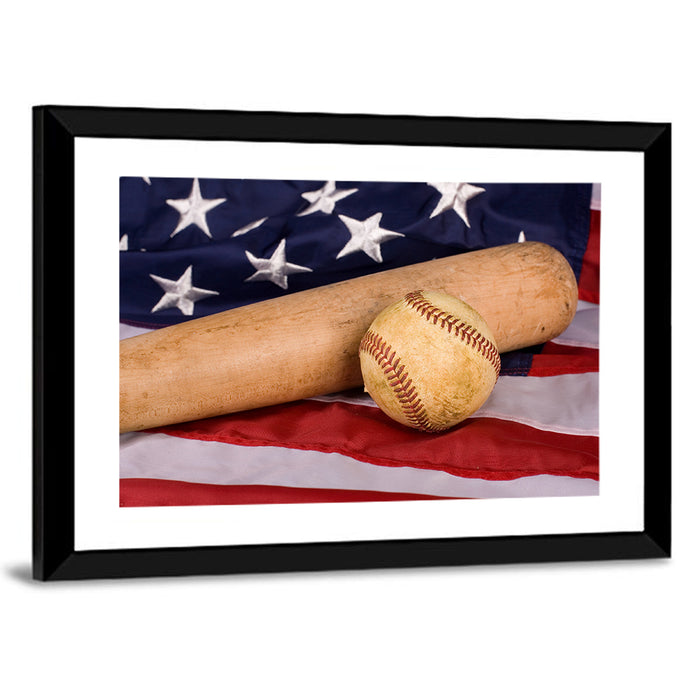 Baseball and Bat on American Flag Wall Art as a framed print