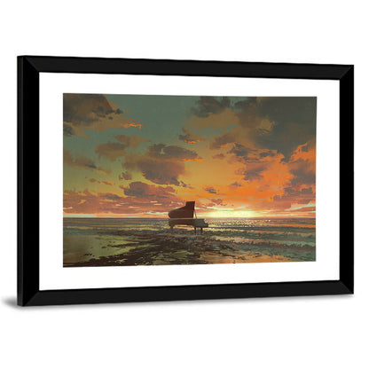 Piano on the Beach at Sunset Wall Art