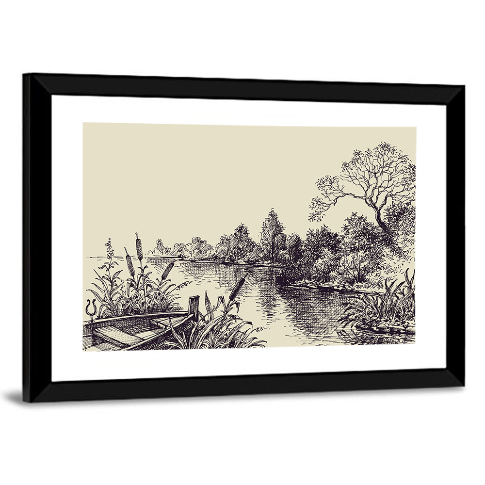 Ink Sketch Rowboat on Lake Wall Art