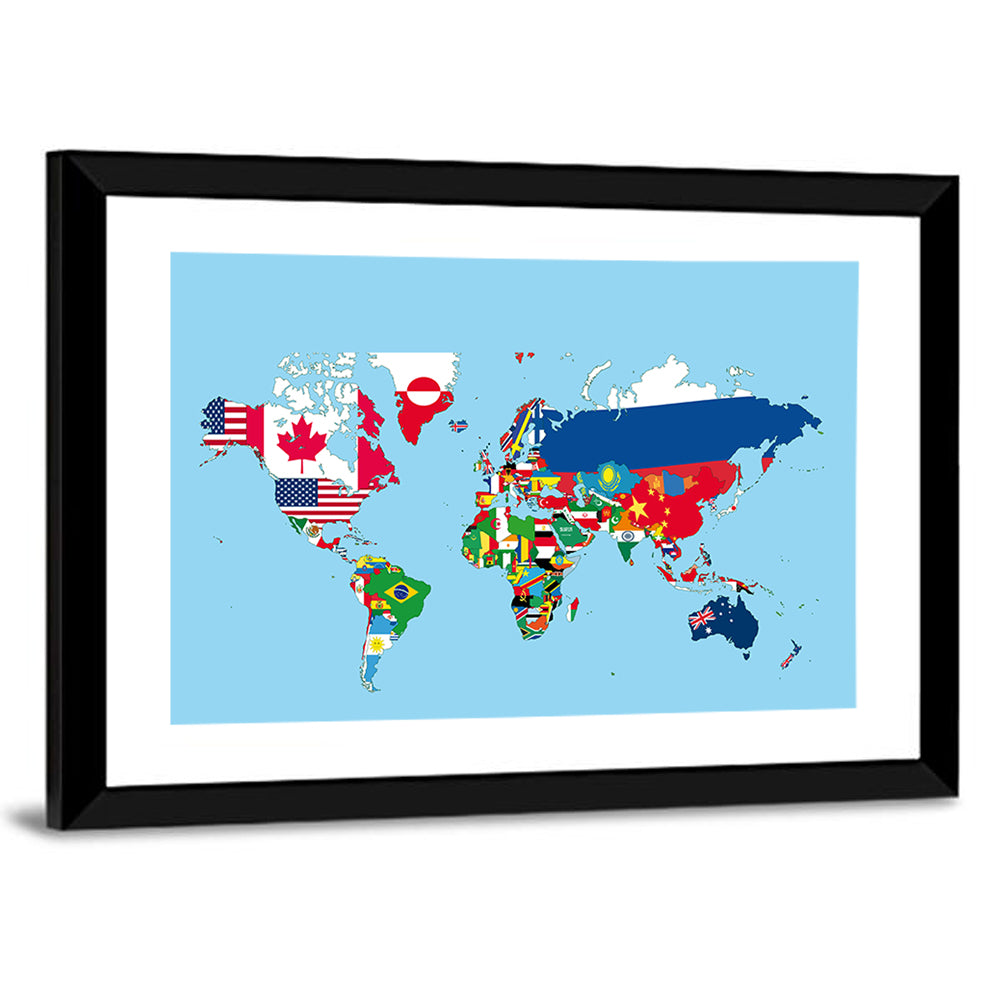World Map with Flag Motifs Wall Art