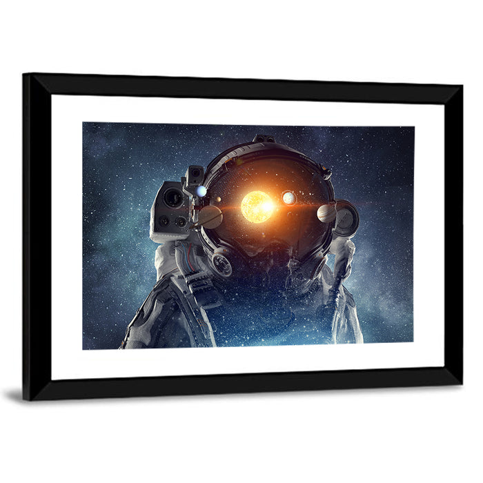 Astronaut Helmet with Solar System Wall Art as a framed print
