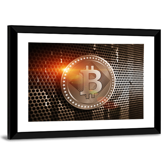 Golden Bitcoin Closeup Wall Art as a framed print