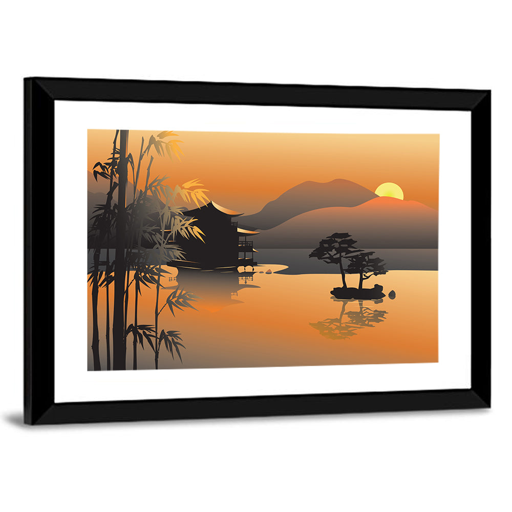 Sunset Over Asian Lake Illustration Wall Art