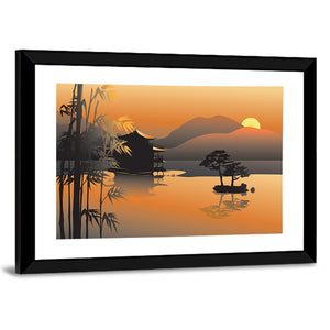 Illustrated Asian Lake With Sunset Wall Art