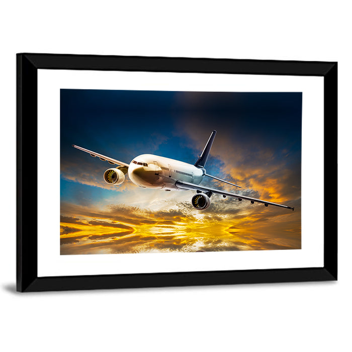 Jet Over Golden Cloudscape Wall Art as a framed print