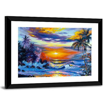Evening Coastal Sunset with Palm Silhouettes Wall Art